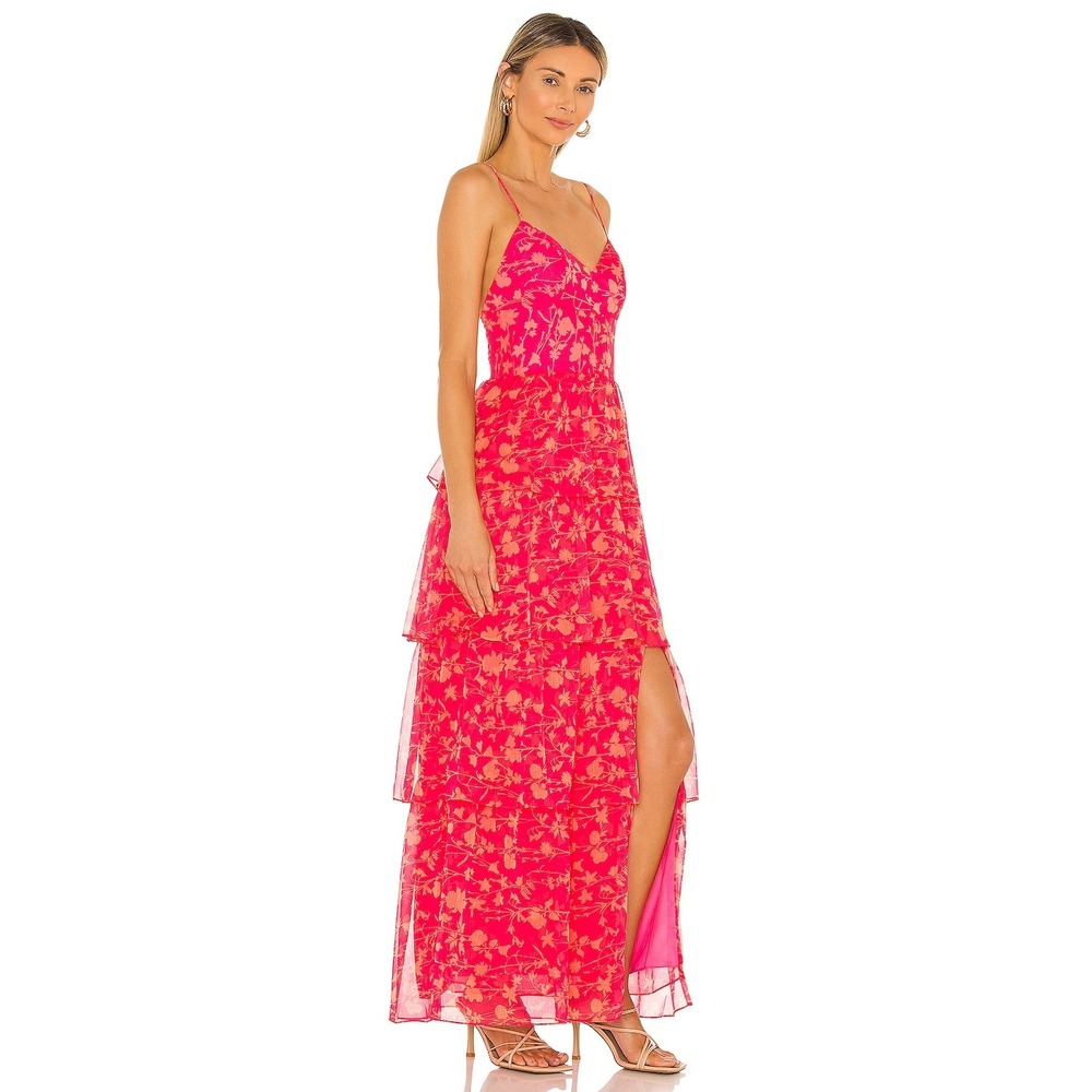 NWT Amanda Uprichard Thaddea Maxi Dress L Pink Floral Tiered Slit Occasion Dress